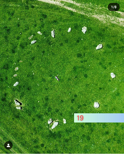 An aerial view of a stone circle on a grassy landscape. 